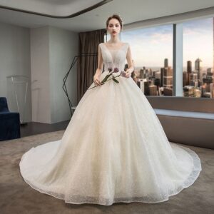 プリンセスライン プレ花嫁のウエディングフォト ノースリーブ スパンコールウェディングドレス